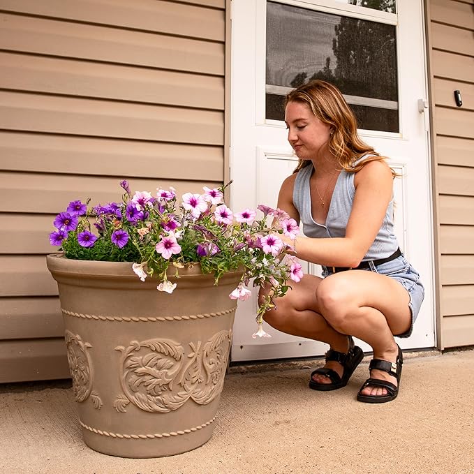 Sunnydaze 19.5-Inch Arabella Large Plant Pot - Polyresin Round Outdoor Planter with Drillable Drainage Holes - 2 Pack - Beige