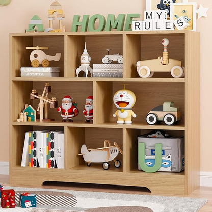 Book Shelf, 8 Cubes Storage Organizer, 3-Tier Open Shelf Wooden Bookcase, Freestanding Log Bookshelf Cube Shelf for Bedroom, Living Room, Home Office