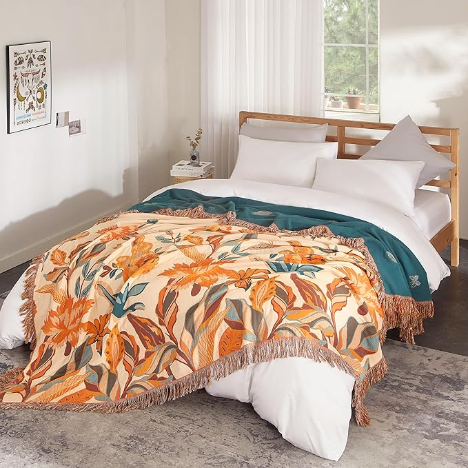 Boho Throw Blanket for Bed 90”x98”, 100% Cotton Woven Blanket for Couch Sofa, Ultra Soft 4-Layer Muslin Quilt with Floral Printed, Farmhouse Bed Blanket/Cover for Living Room Decor