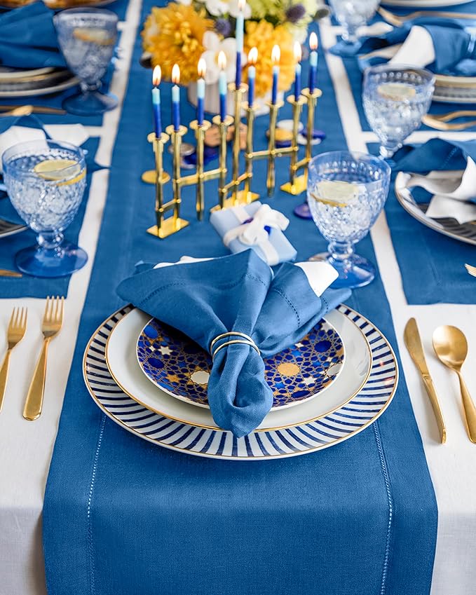 Solino Home Linen Indigo Blue Hemstitch Table Runner 60 Inches - 100% Pure Linen Small Table Runner 14 x 60 Inch Ideal for Dresser and Coffee Tables - Classic Hemstitch - Fall, Autumn, Halloween