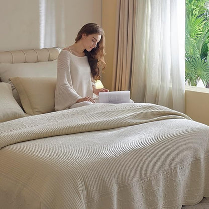 MarCielo 3-Piece 100% Cotton Oversized Bedspread Lightweight Quilt Coverlet Embroidery Farmhouse Bedding Set (TG Yellowish Beige, Oversized King (118"x106"))