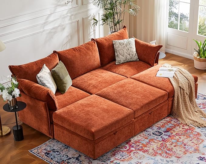 102.6" U Shaped Modular Sectional Sofa, 5 Seater Couch with Storage Ottoman Deep Seat and High Backrest with Removable Cover for Living Room, Apartment - Chenille Terracotta Orange