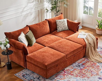 102.6" U Shaped Modular Sectional Sofa, 5 Seater Couch with Storage Ottoman Deep Seat and High Backrest with Removable Cover for Living Room, Apartment - Chenille Terracotta Orange