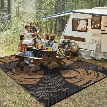 GAOMON Outdoor Rug Waterproof 9x12 Outdoor Plastic Straw Rug for Patio, Reversible Modern Camping Mat with Bag & Stakes, UV Resistant & Easy to Clean Carpet for RV, Deck, Balcony, Porch, Brown