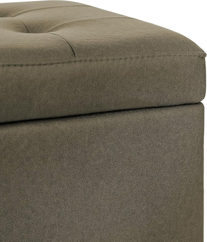 Adeco Fabric Storage Ottoman Bench with Solid Wood Legs, 17.7" Square Olive Green Leathaire Cube Foot Stool, Upholstered Button Tufted Vanity Chair with Hinged Lid for Living Room, Bedroom, Dorm