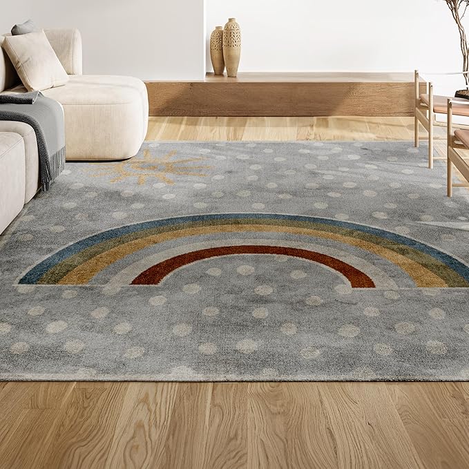 JONATHAN Y Machine-Washable Gray/Ivory/Yellow Indoor Area Rug, 5x8, Minha Rainbow Dots, Kids & Novelty, Casual, Classic, Bedroom, Kitchen, Living Room, Easy-Cleaning, Non-Shedding (KDW102A-5)