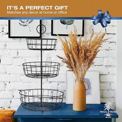 REGAL TRUNK & CO. 3 Tier Fruit Basket, Elegant French Country Wire Baskets, Three Tiered Wire Basket Stand for Vegetables, Bread & More for Countertop or Hanging, Christmas or Birthday Present