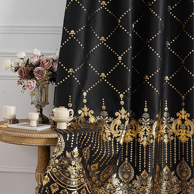 Grommets Blackout Long Window Curtains Black Gold-52W*108L 2PCS Drapes for Bedroom