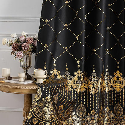 Grommets Blackout Long Window Curtains Black Gold-52W*108L 2PCS Drapes for Bedroom