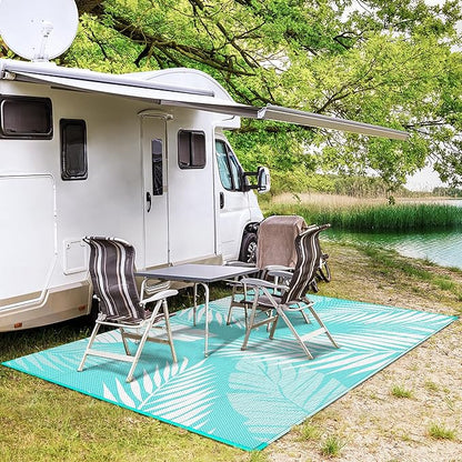 GENIMO Outdoor Rug 9' x 12' Waterproof for Patios Clearance, Reversible Outdoor Plastic Straw Camping Rug Carpet, Large Area Rugs Mats for RV, Camper, Deck, Balcony, Porch, Beach, Aqua Blue&White