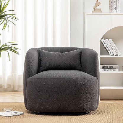 KINWELL 34" Wide Boucle Swivel Barrel Chair, No Assembly Round Upholstered Armchair Accent Chair Single Sofa Chair with Toss Pillow for Living Room and Bedroom, Dark Grey