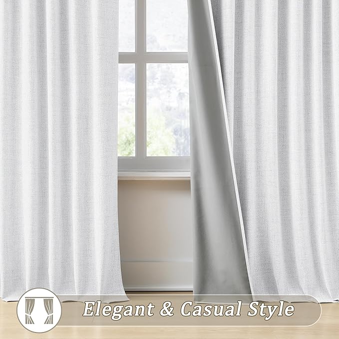 RAIN CITY White Blackout Curtains 120 Inches Long Modern Farmhouse Back Tab Pleated Look Window Drapes for Bedroom Living Room 2 Panels 50x120x2