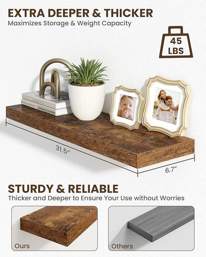 Marsmiles 31.5" Floating Shelves for Wall, Wooden Shelves with Invisible Brackets Set of 2, Rustic Farmhouse Wall Mounted Shelf for Kitchen Bathroom Living Room Study, Rustic Brown