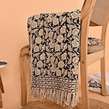 Handmade Cotton Throw Blanket 55x80 Inches | Black & Beige Floral Block Print Decorative Sofa Throw with Tassels | Large Lightweight Cotton Bedspread for Living Room, Couch, or Bedroom