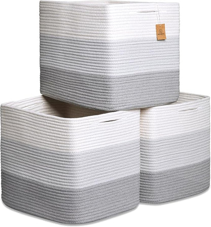 NaturalCozy 13x15x13 Kallax Storage Cubes Bins, 3 Pack | Cotton Rope Cube Storage Bin Woven Baskets for Organizing | Kallax Insert Storage Baskets for Shelves Organizer, Kids Toy, Closet Baby Nursery