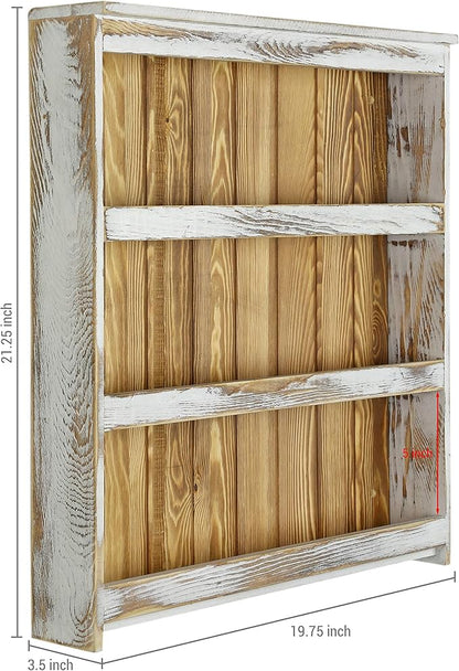 MyGift 3 Tier Wall Mounted Spice Rack, Shabby White Washed and Rustic Natural Burnt Solid Wood Kitchen Pantry Storage Shelf for Seasoning Jars or Condiment Bottles