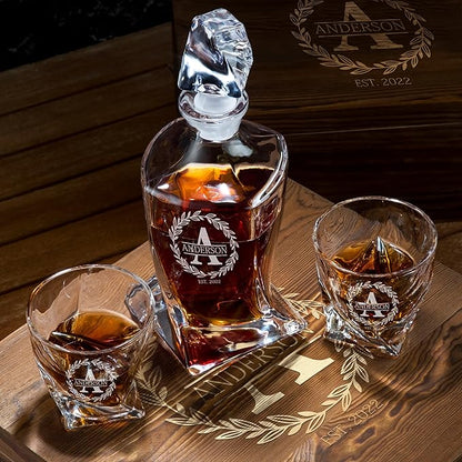 Frolk Personalized Whiskey Decanter and Stones Set - Customized Gift for Him - Men, Dad, Father - Twisted Whiskey Decanter, 2 XL Glasses, 6 XL Whiskey Chillers, 2 Coasters, Tongs, Pouch in Wooden Box