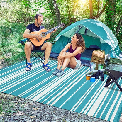 Outdoor Plastic Straw Rug 9x18 Waterproof Outside Rug, Large Modern Striped Reversible Floor Mats, Foldable & Lightweight Camping Carpet for Patio, Porch, Deck, Backyard, Balcony, Light Blue
