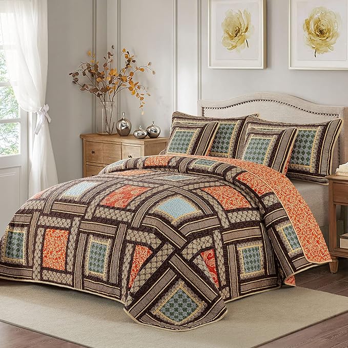 NEWLAKE Cotton Patchwork Bedspread, 3-Piece Bedding Quilt Set with Real Stitched Embroidery, Reversible Matelasse Bed Coverlet Set,Bohemian Farmhouse,Twin Size