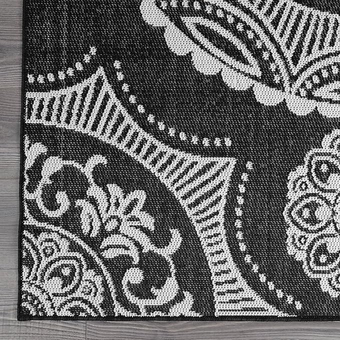 Medallion Outdoor Rug 5x7 Washable Outside Carpet for Indoor Patio Porch Waterproof Easy Cleaning Non Shedding Area Rugs Black 5 x 7