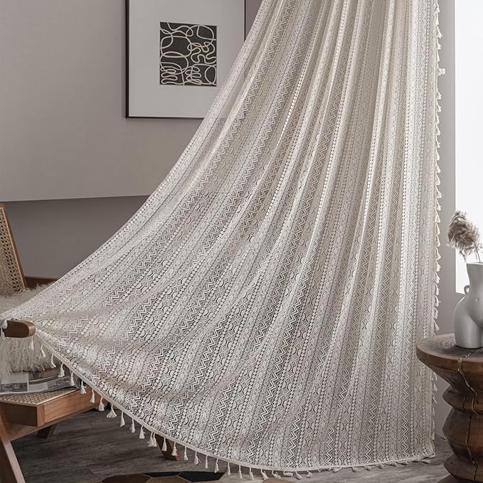 Sutuo Home Boho Lace Curtains for Kitchen Bedroom,Bohemian Crochet Sheer Cotton Tassels Knitted Window Treatment Geometry Country Vintage Rustic Drape Rod Pocket 1 Panel 59" W x 72" L, Beige Wave