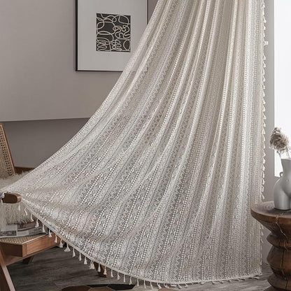 Sutuo Home Boho Lace Curtains for Kitchen Bedroom,Bohemian Crochet Sheer Cotton Tassels Knitted Window Treatment Geometry Country Vintage Rustic Drape Rod Pocket 1 Panel 59" W x 72" L, Beige Wave