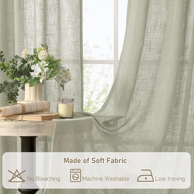 LAMIT Sage Grey Sheer Linen Curtains 54 Inch Length for Bedroom, Bronze Grommet Light Filtering Panels Neutral Drapes for Living Room/Window, 2 Panels Set, 52 x 54 Inch