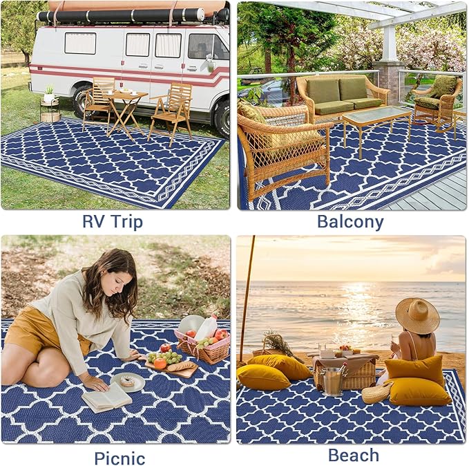 GAOMON Outdoor Plastic Straw Rug, 10'x20' Reversible Sage Green Patio Mat, Flower Modern Design for RV, Backyard, Deck, Camping, Picnic, Navy/White(Geometric)