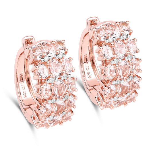 Boucles d'oreilles en argent sterling .925 plaqué or rose 14 carats avec morganite véritable de 5,94 carats et diamants blancs
