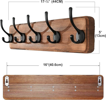 SKOLOO Rustic Wall Mounted Coat Rack with 16 Inch Mounting Hole Distance, Pine Solid Wood Coat Hook Hanger - 5 Hooks for Hanging Clothes Robes Towels Coats