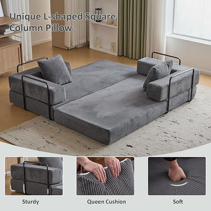 Convertible Sleeper Sofa Bed, Compression Folding Sofa with Pillow, No Assembly Required, Shape Frame, Floor Sofas Lounge Couch for Living Room, Bedroom, Small Spaces(Corduroy, 77''W, Dark Grey)