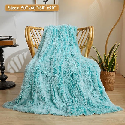 XeGe Plush Faux Fur Throw, Aqua Comfy 50x60 Fuzzy Blanket, Luxury Boho Lightweight Couch Throw, Autumn Ultra Soft Fluffy Shaggy Lap Blanket for Couch Bed Sofa Chair Ombre Aqua Green