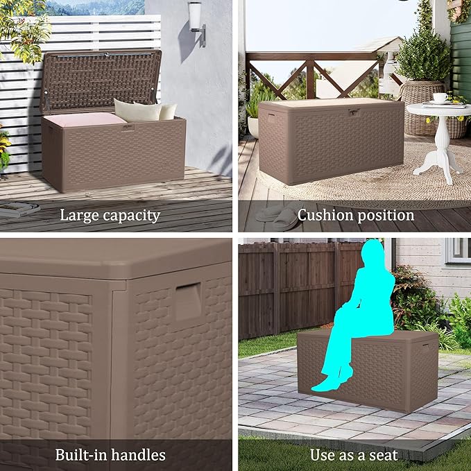 Premium Pro Edition 73 Gallon Lockable Resin Deck Box, Waterproof & UV-Resistant Outdoor Storage Box for Outdoor Cushion Storage, Garden Tools & Pool Accessories Storage, Brown