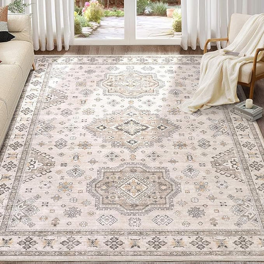 Washable Area Rugs for Living Room -10x13 Neutral Vintage Distressed Floral Farmhouse Boho Large Soft Floor Rug Indoor Non Slip Carpet for Living Room Bedroom Dining Room Office-Beige Brown