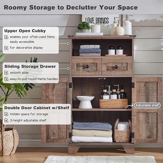 Bathroom Floor Cabinet, Farmhouse 24" Wide Cabinet with Drawer, Adjustable Shelf, Barn Doors, Cabinets for Bathroom, Kitchen, Living Room, Rustic Brown