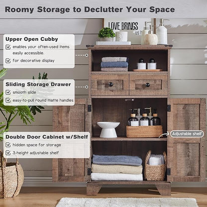 Bathroom Floor Cabinet, Farmhouse 24" Wide Cabinet with Drawer, Adjustable Shelf, Barn Doors, Cabinets for Bathroom, Kitchen, Living Room, Rustic Brown