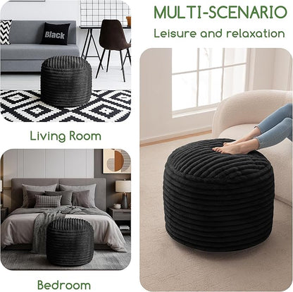 HIGOGOGO Round Stuffed Pouf Ottoman, Corduroy Poufs with High-Density Foam Filling, Furry and Fluffy Pouf Foot Stool Storage Ottoman, 20 X 15 Floor Poufs Foot Rest for Living Room, Black