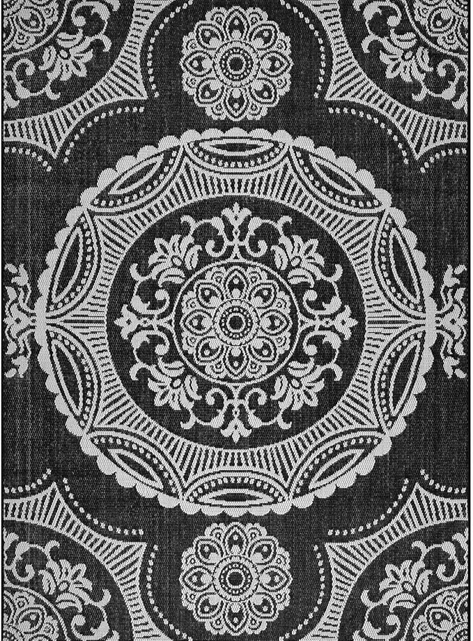 Medallion Outdoor Rug 6x9 Washable Outside Carpet for Indoor Patio Porch Waterproof Easy Cleaning Non Shedding Area Rugs Black 6 x 9