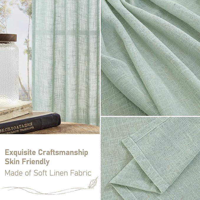 LAMIT Sheer Linen Curtains 63 inches Long for Bedroom, Bronze Grommet Linen Drapes Light Filtering Semi Sheer Curtains for Small Window/Farmhouse, 2 Panels (52 x 63 Inch, Light Sage)