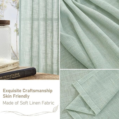 LAMIT Living Room Linen Curtains 95 Inch for Bedroom, Bronze Grommet Linen Textured Sheer Curtains Light Filtering Burlap Drapes for Farmhouse, 2 Panels, 52 x 95 Inch, Light Sage