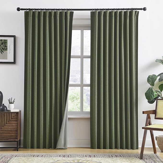 RAIN CITY 2 PCs Olive Green Linen Blackout Curtains 84 Inch Long for Living Room,Pinch Pleated Drape with Hooks Back Tab Boho Decor, Olive Forest Loden Full Black Out Curtains for Bedroom