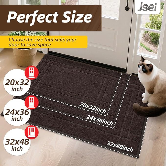 JSEI Entryway Rugs Doormat 20"x32", Non-Slip Dirt Trapper Door Mats Indoor, Washable Absorbent and Stain Resist Welcome Floor Mat for Front Door, Dog Door Mat, Muddy Wet Shoes & Paws, Brown