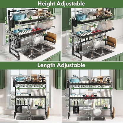 3 Tier Extra Large Stainless Steel Expandable Over The Sink Dish Drainer Drying Rack, Rust Proof Metal, Space Saving, Modern Black Big Capacity Extendable Plate Strainers Above Kitchen Counter