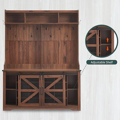 JXQTLINGMU 59" Farmhouse Hall Tree with Shoe Storage, Entryway Bench with 20 Cubbies, 12 Hooks & Sliding Barn Doors, Mudroom Coat Rack Cabinet, Brown