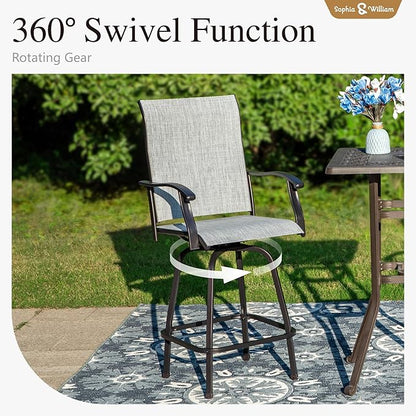 Sophia & William Outdoor Bar Set, Patio Bar Table and Chairs Set, Bar Height Patio Set - 2 x Swivel Bar Chairs(Grey), 1 x Rectangular Bar Table(Wood-Like)