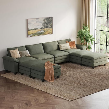 LINSY HOME Modular Sectional Sofa - 157'' Sleeper Sofa Cloud Couch Oversized Corduroy Sofa Bed with Movable Ottoman Soft Modern Comfy Couch for Living Room Apartment Office, Green