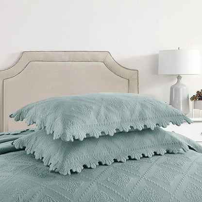 MarCielo 3-Piece 100% Cotton Oversized Bedspread Lightweight Quilt Coverlet Embroidery Farmhouse Bedding Set (Tk Aqua Green, Oversized Queen (100"x106"))