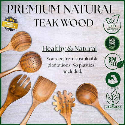 Wooden Spoons for Cooking - 8 Piece Natural Teak Kitchen Utensil Set Non Toxic - Teak Wooden Utensils with Spoon Rest and Holder