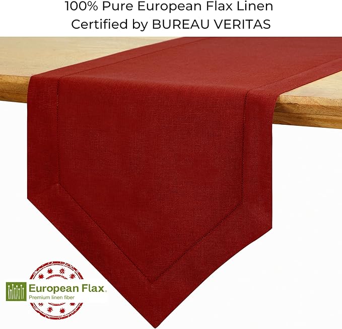 D'Moksha Homes Red Linen Table Runner 60 Inches Long - 100% Pure Linen Diamond Table Runner 14 x 60 Inch for Dining, Fall and Halloween - Machine Washable