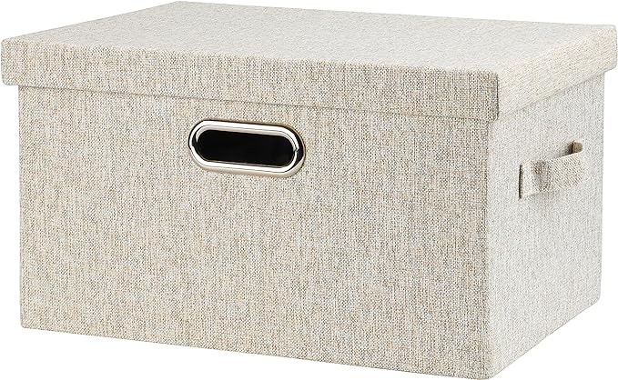 Medium 15" 21 Quart Collapsible Stackable Storage Bins with Lids, 1 Pack Beige Foldable Fabric Closet Storage Boxes with Lids, Heavy-duty Linen Baskets for Bedroom